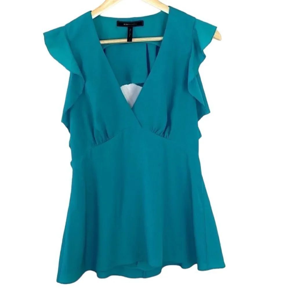 Bcbgmaxazria sea green ruffle detail open back top